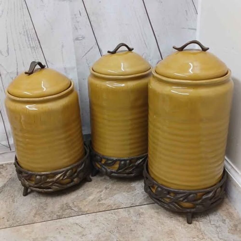 Vintage Belaverra Set Of 3 Ceramic Canister Mustard & Metal Holders